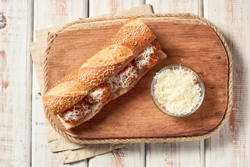 Meatball sub sandwich with cheese and marinara tomato sauce. american italian fast food