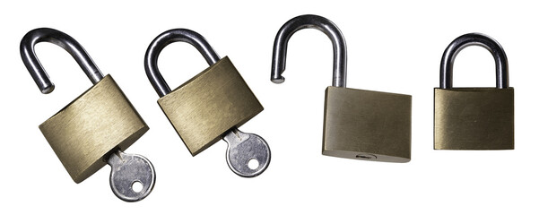 Padlock and key shown in different positions on an isolated background.