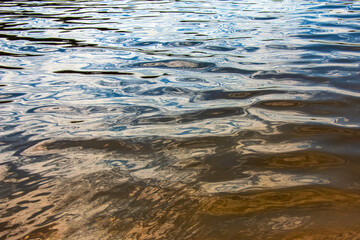 Water ripple texture background. Wavy water surface during sunset, golden light reflecting in the water.