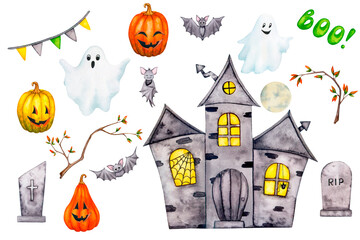 Large set of watercolor elements for Halloween. Collection of elements for the design of cards, invitations, posters, stickers. Haunted house, bat, grave, pumpkin, moon, garland.