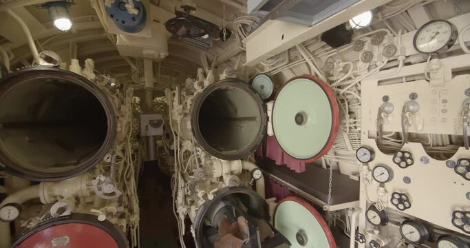Submarine torpedo tube. Interior tour of combat submarine