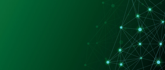 Geometric graphic connection vector background. Lines dots vector illustration. Futuristic digital network concept. Tech green background with dots of light. Banner for headers, websites