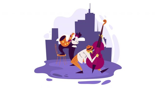 artists playing music instruments on the city