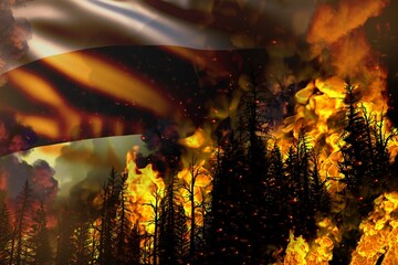 Forest fire natural disaster concept - burning fire in the trees on Estonia flag background - 3D illustration of nature