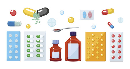 Set of colorful medicines in cartoon style. Vector illustration of medicines for the treatment of various diseases in the form of tablets, pills, antibiotics and syrups on white background.