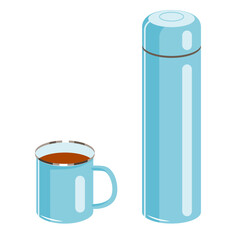 Camping thermos and enamel mug. Vector illustration in flat style isolated on white background.