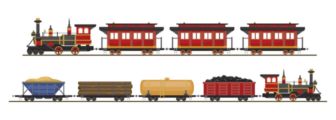 Set of colorful locomotives in cartoon style. Vector illustration of rail transportation of passengers, coal, fuel, wood, sand on white background.