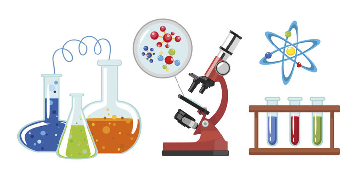 Set of colorful scientific experiments in cartoon style. Vector illustration of flasks and potions with mixed substances, microscope with view of different molecules on white background.