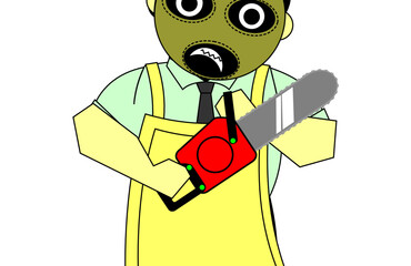 Man with an Apron Holding a Chainsaw. Creepy Cartoon Serial Killer. Chibi Horror Person with a Scary Mask. 