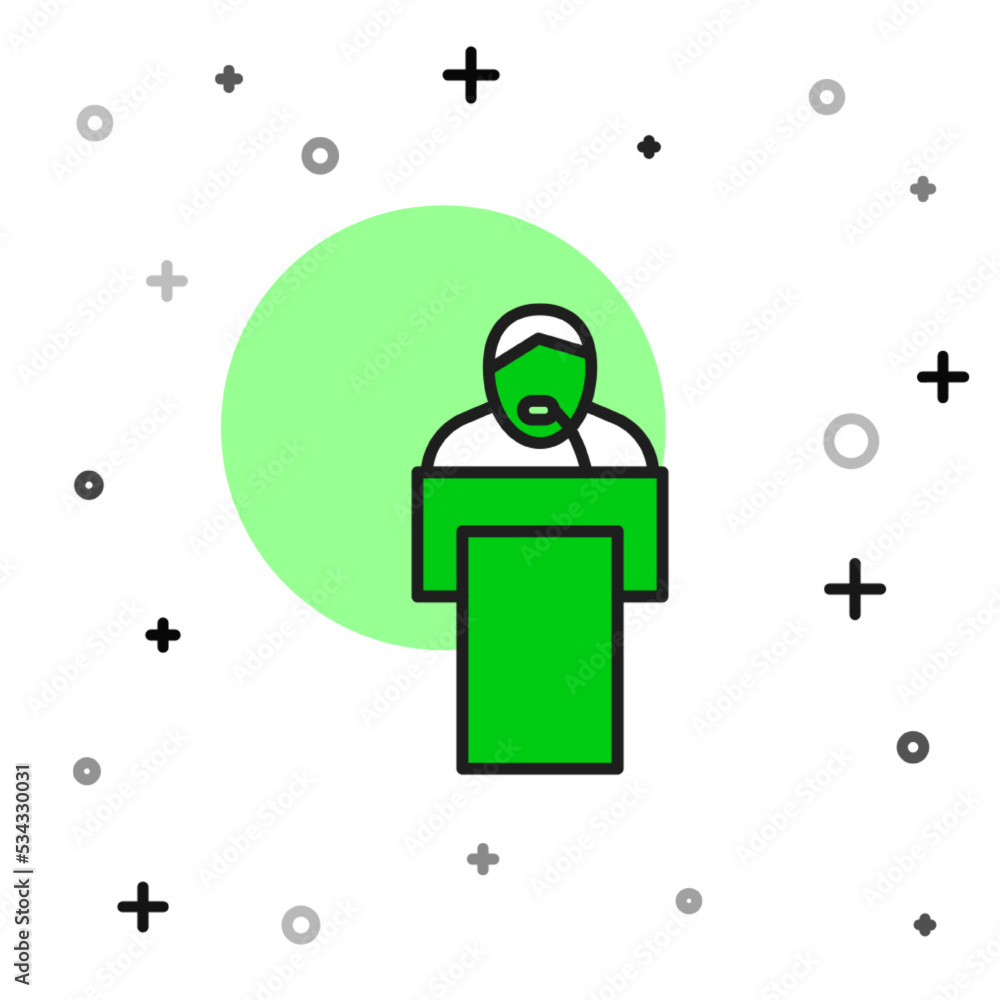 Poster filled outline gives lecture icon isolated on white background. stand near podium. speak into microp