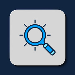 Filled outline Magnifying glass icon isolated on blue background. Search, focus, zoom, business symbol. Vector