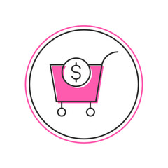 Filled outline Shopping cart and dollar symbol icon isolated on white background. Online buying concept. Delivery service. Supermarket basket. Vector