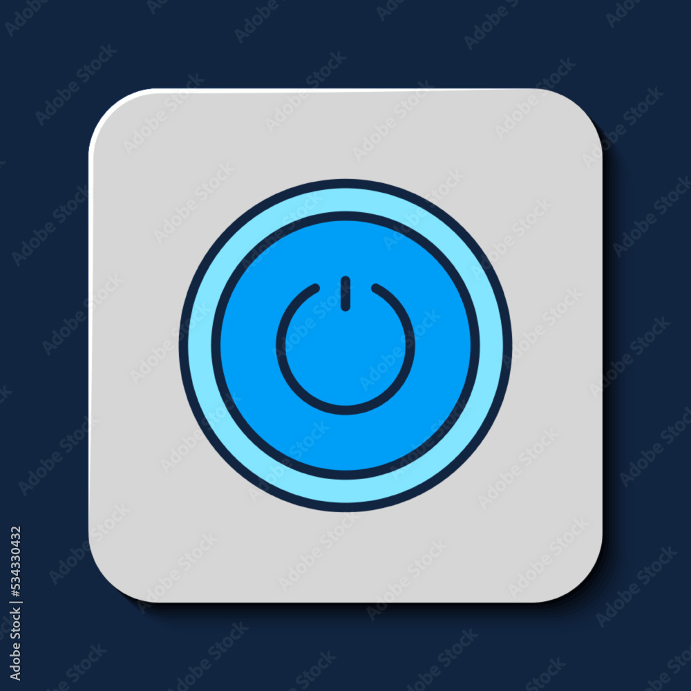 Sticker filled outline power button icon isolated on blue background. start sign. vector