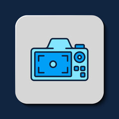 Filled outline Photo camera icon isolated on blue background. Foto camera. Digital photography. Vector