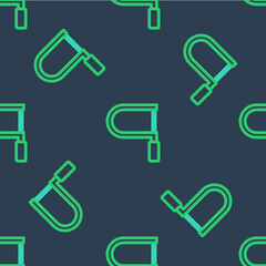 Line Hacksaw icon isolated seamless pattern on blue background. Metal saw for wood and metal. Vector