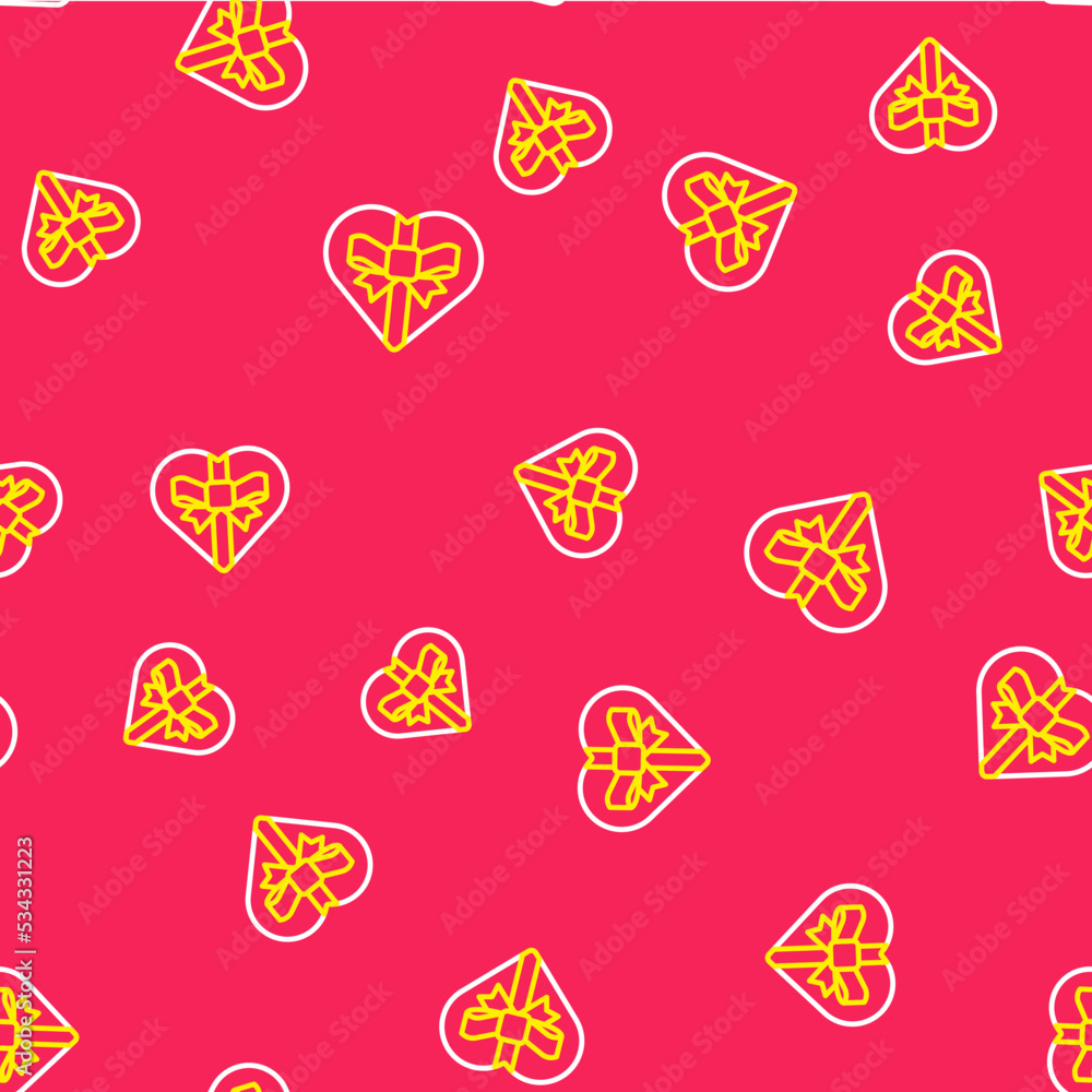 Poster line candy in heart shaped box and bow icon isolated seamless pattern on red background. valentines 