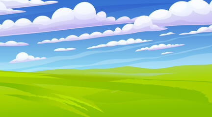 Naklejka na ściany i meble Background Nature landscape with cloudy sky, hills and grass on foreground. Cartoon meadow scenery. Summer green fields view, spring lawn hill and blue sky, green grass fields, countryside scene