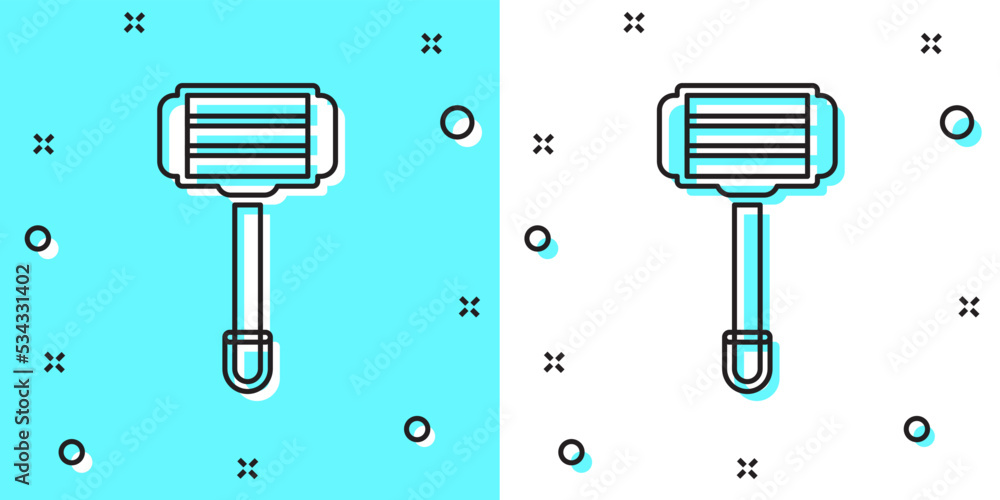 Poster black line shaving razor icon isolated on green and white background. random dynamic shapes. vector