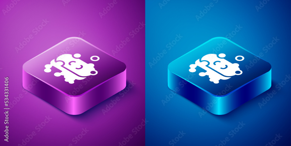 Aufkleber isometric bar of soap with foam icon isolated on blue and purple background. soap bar with bubbles. 