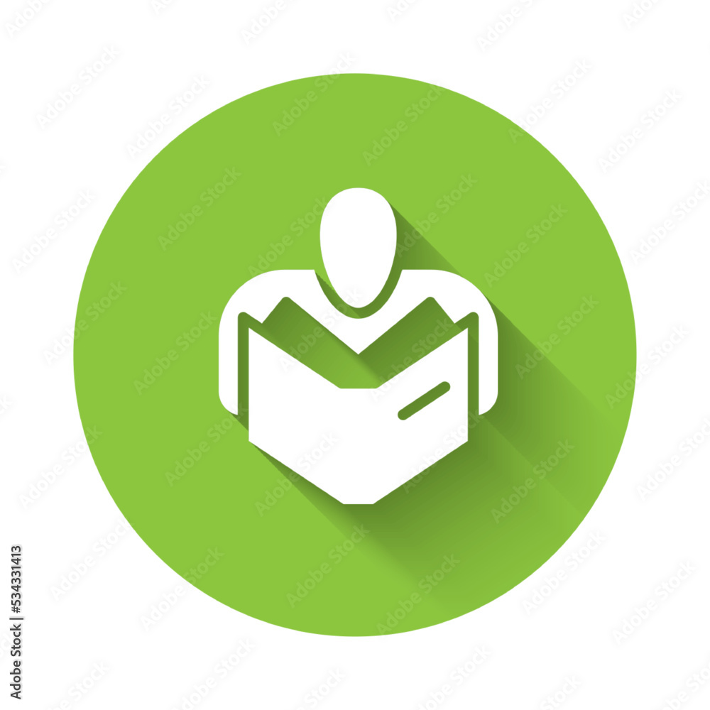Poster white man reading book icon isolated with long shadow. green circle button. vector