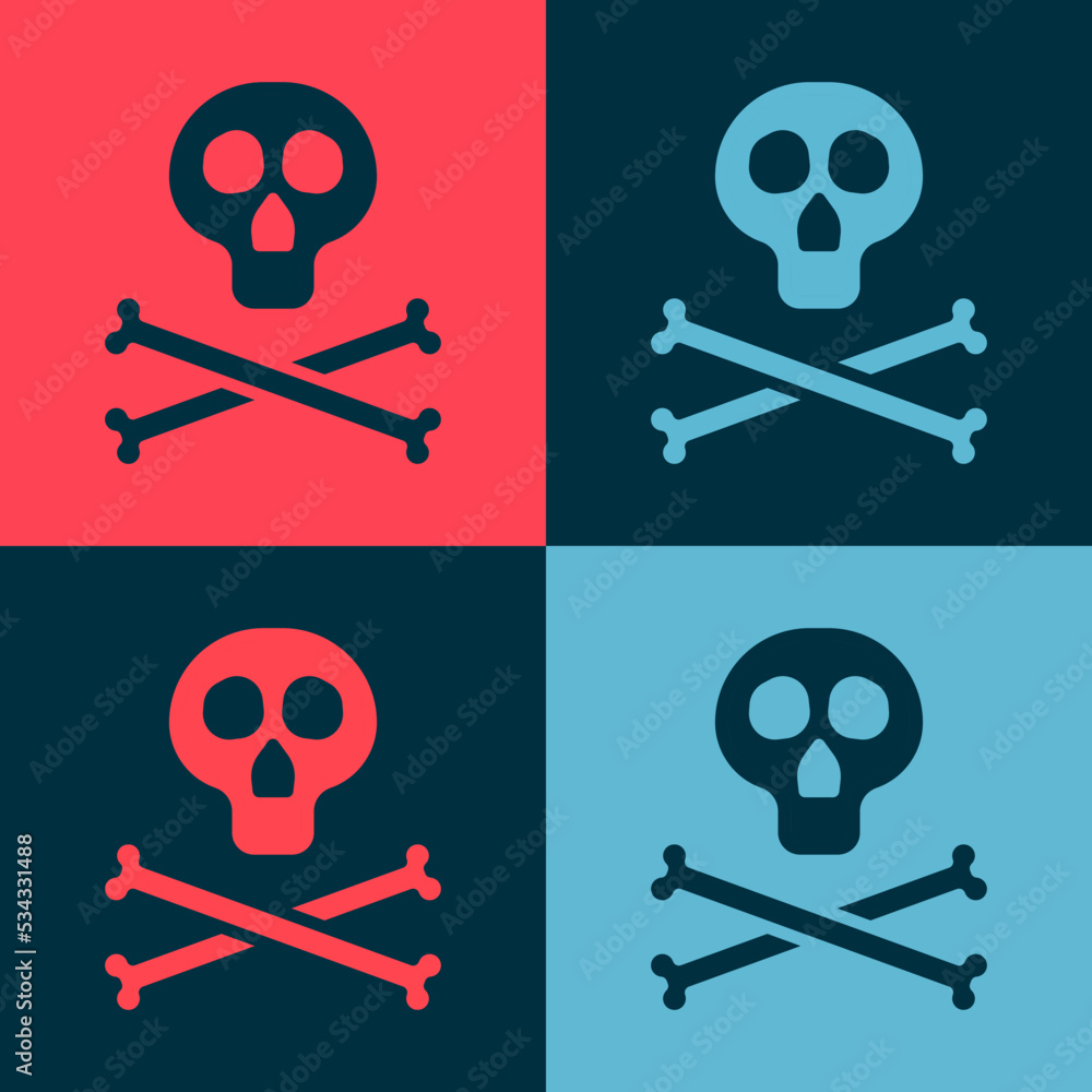 Poster pop art bones and skull as a sign of toxicity warning icon isolated on color background. vector