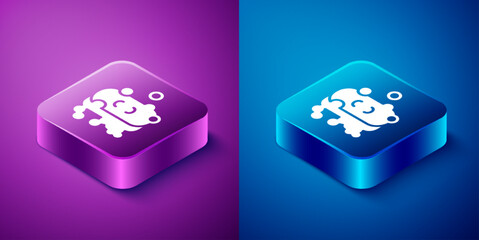 Isometric Bar of soap with foam icon isolated on blue and purple background. Soap bar with bubbles. Square button. Vector