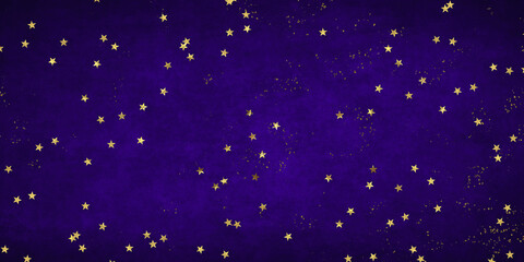 Old dark gradient rich violet blue decor paper with shiny gold stars and lighter part, starry golden shining. Visual starry dust worn background. Stardust New Year or Christmas celebration design	