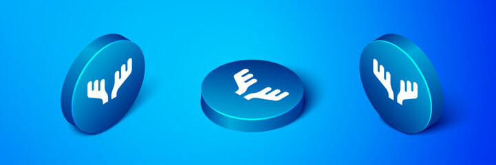 Isometric Deer antlers icon isolated on blue background. Hunting trophy on wall. Blue circle button. Vector