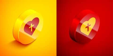 Isometric Christian cross in heart icon isolated on orange and red background. Happy Easter. Circle button. Vector