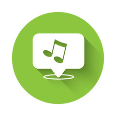 White Music note, tone icon isolated with long shadow background. Green circle button. Vector