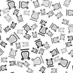 Black Ancient Greek lyre icon isolated seamless pattern on white background. Classical music instrument, orhestra string acoustic element. Vector