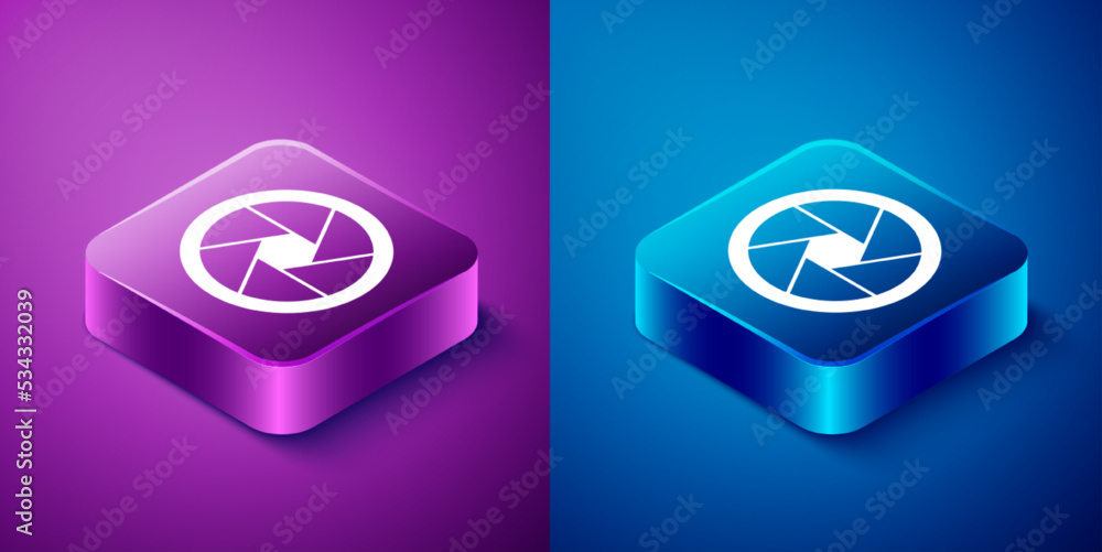 Poster isometric camera shutter icon isolated on blue and purple background. square button. vector