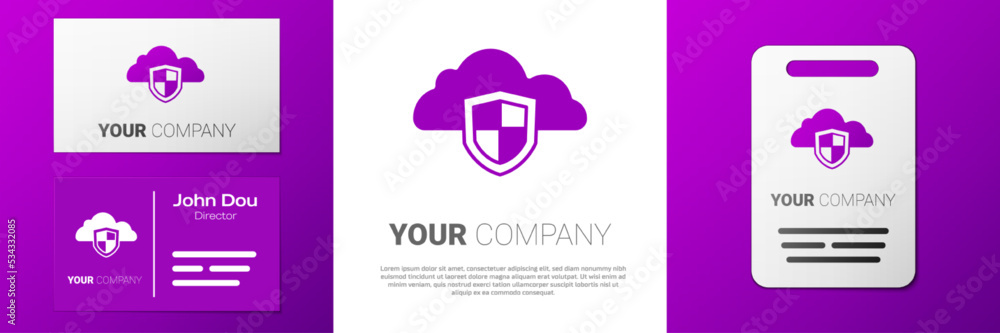 Poster logotype cloud and shield icon isolated on white background. cloud storage data protection. security