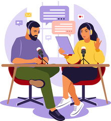 Fototapeta premium People recording podcast in studio flat vector illustration. Podcaster talking to microphone recording podcast in studio. Radio host with table.
