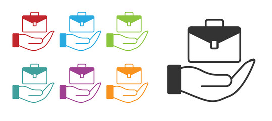 Black Hand holding briefcase icon isolated on white background. Insurance concept. Security, safety, protection, protect concept. Set icons colorful. Vector