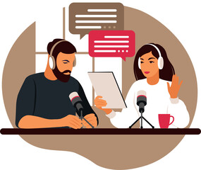 People recording podcast in studio flat vector illustration. Podcaster talking to microphone recording podcast in studio. Radio host with table. - obrazy, fototapety, plakaty
