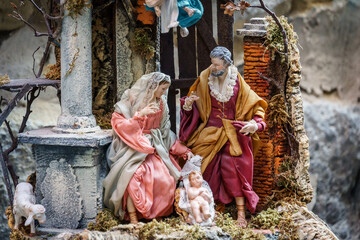 Naples, Campania, Italy December 2016: The art of Neapolitan nativity scene in San Gregorio Armeno, a famous small street in the old town of Napoli - obrazy, fototapety, plakaty