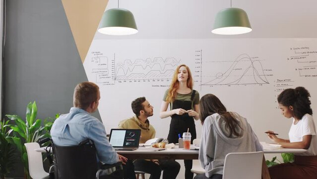 Strategy, data analysis and presentation with business people in meeting for planning, collaboration and growth. Marketing, goals and idea with employees talking for vision, startup and motivation