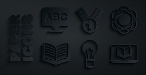 Set Light bulb with idea, Atom, Open book, Online class, Medal and Alphabet icon. Vector
