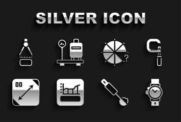 Set Graph, schedule, chart, diagram, Micrometer, Wrist watch, Measuring spoon, Diagonal measuring, Circle of pieces, Drawing compass and Scale with suitcase icon. Vector