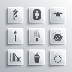 Set Paper glass with water, Circus fire hoop, Clown head, Ice cream, Roller coaster, Magic wand, Firework rocket and Jester hat bells icon. Vector