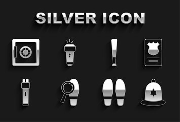 Set Footsteps, Police badge with id case, British police helmet, electric shocker, Baseball bat, Safe and Flashlight icon. Vector