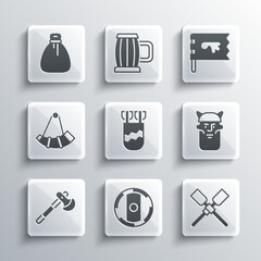 Set Shield viking, Oars or paddles boat, Viking head, Quiver with arrows, Wooden axe, Hunting horn, Old money bag and flag icon. Vector