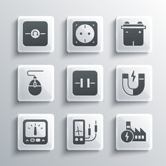 Set Ampere meter, multimeter, Nuclear power plant, Magnet, Electrolytic capacitor, Computer mouse, Ohmmeter and Car battery icon. Vector