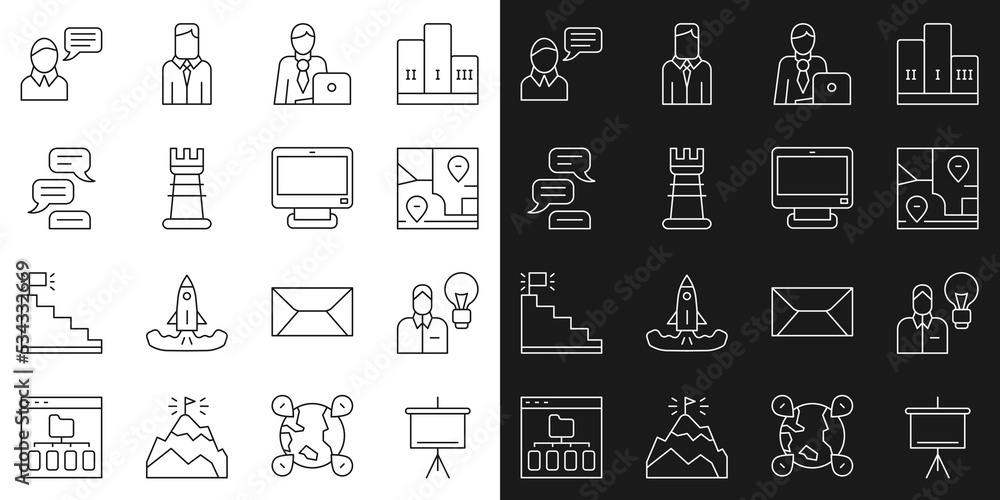 Poster set line chalkboard, human with lamp bulb, folded map location, businessman, strategy, speech bubble