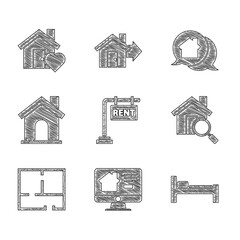 Set Hanging sign with Rent, Online real estate house, Bed, Search, House plan, Real message and heart shape icon. Vector