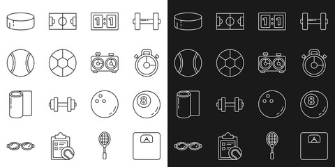 Set line Bathroom scales, Billiard pool snooker ball, Stopwatch, Sport mechanical scoreboard, Football, Tennis, Hockey puck and Time chess clock icon. Vector
