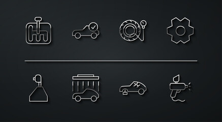 Set line Gear shifter, Broken car, Car wash, Auto service check automotive, Paint spray gun and Tire pressure gauge icon. Vector