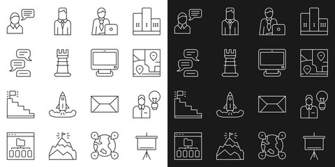 Set line Chalkboard, Human with lamp bulb, Folded map location, Businessman, strategy, Speech bubble chat, and Computer monitor icon. Vector