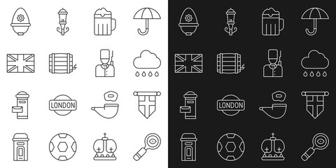 Set line Magnifying glass, England flag on pennant, Cloud with rain, Wooden beer mug, barrel, Flag of Great Britain, British police helmet and soldier icon. Vector